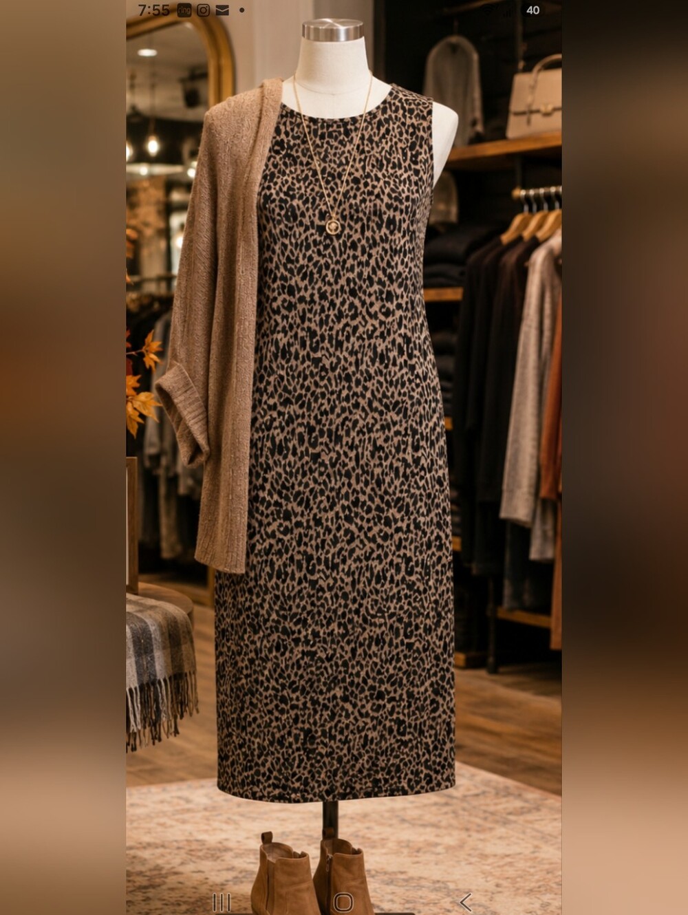 **Nine West Taupe and Black Leopard Midi Dress Pit 20 Length 34" No Pockets
